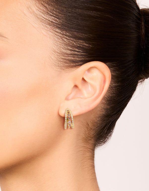 Gold Plated Cubic Zirconia Triple Hoop Medium Earrings