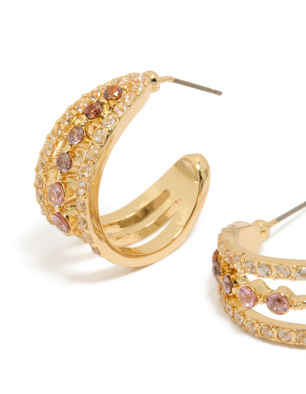 Gold Plated Cubic Zirconia Triple Hoop Medium Earrings
