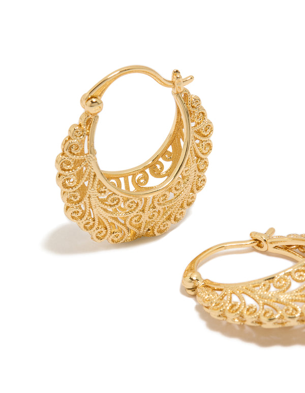 Featuring gold plated boho patterned hoop earrings with ornate scrollwork detailing close up view