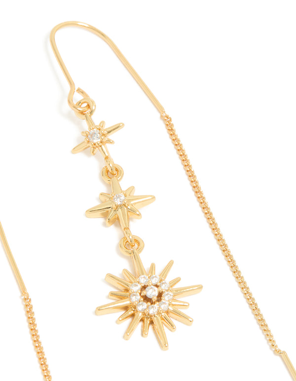 Elegant gold plated cubic zirconia stars thread through earrings with celestial detail view