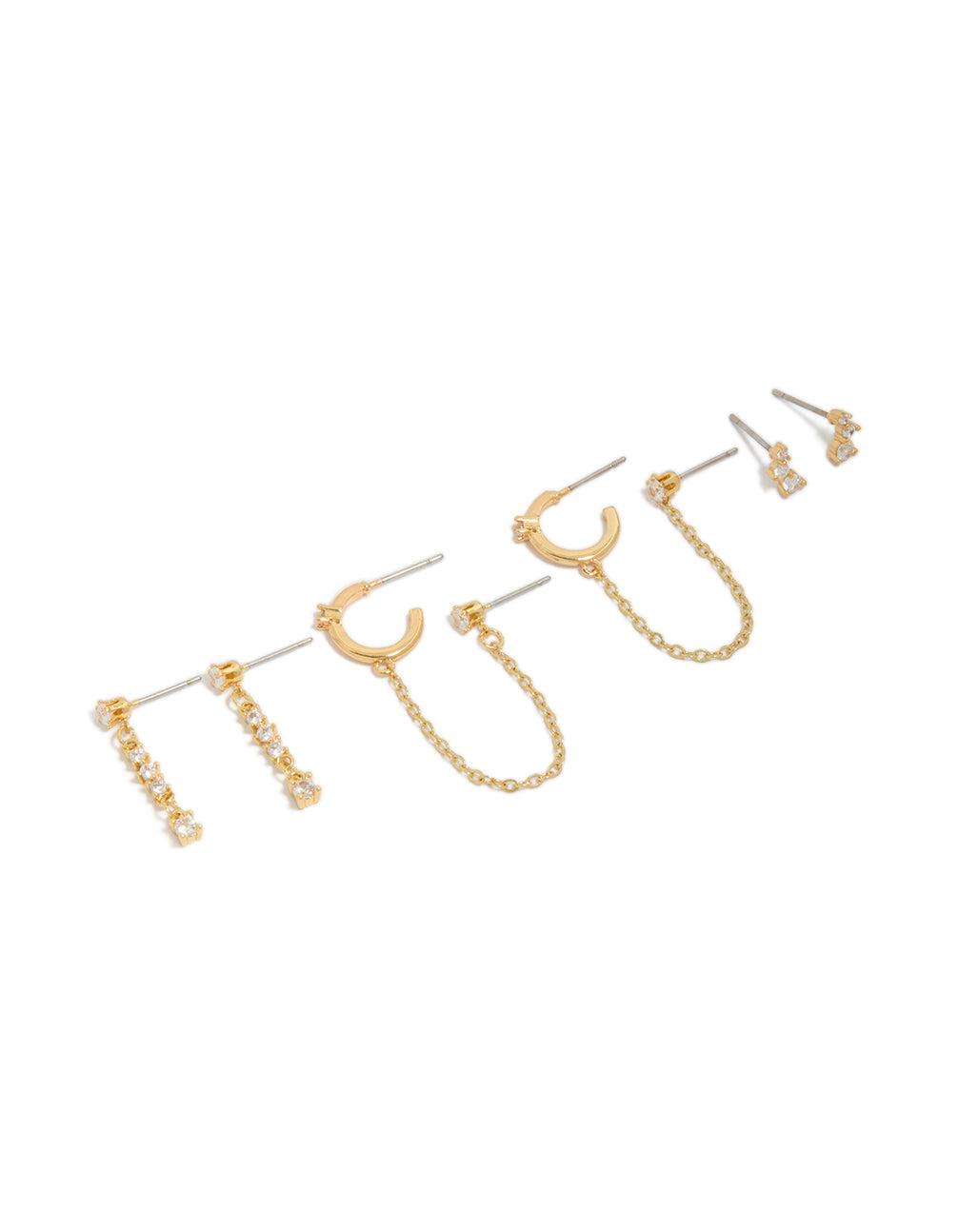 Showcasing gold plated cubic zirconia chain drop and stud earrings in a 4-pack featuring crawler design and hoop closure front view