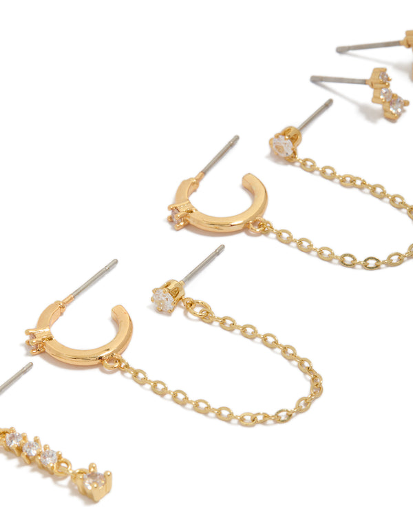Featuring gold plated cubic zirconia chain drop and stud earrings in a 4-pack featuring crawler design and hoop closure in close up view