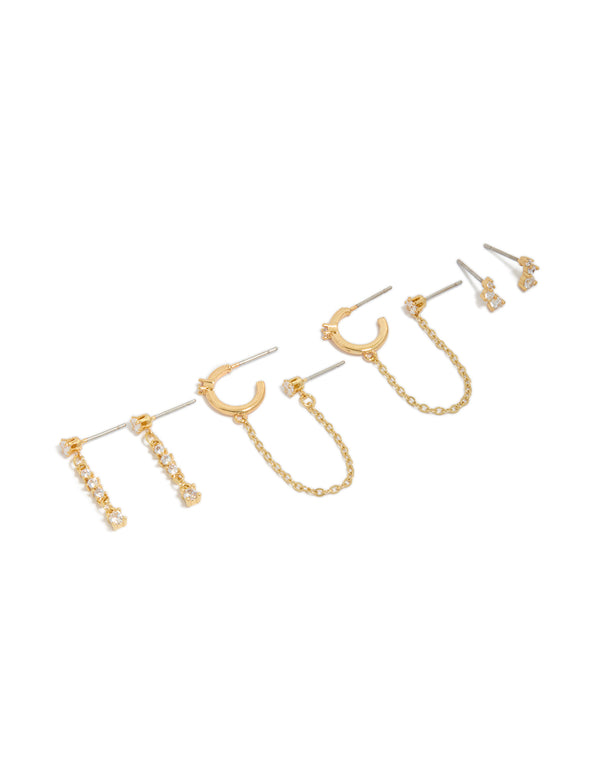 Showcasing gold plated cubic zirconia chain drop and stud earrings in a 4-pack featuring crawler design and hoop closure front view