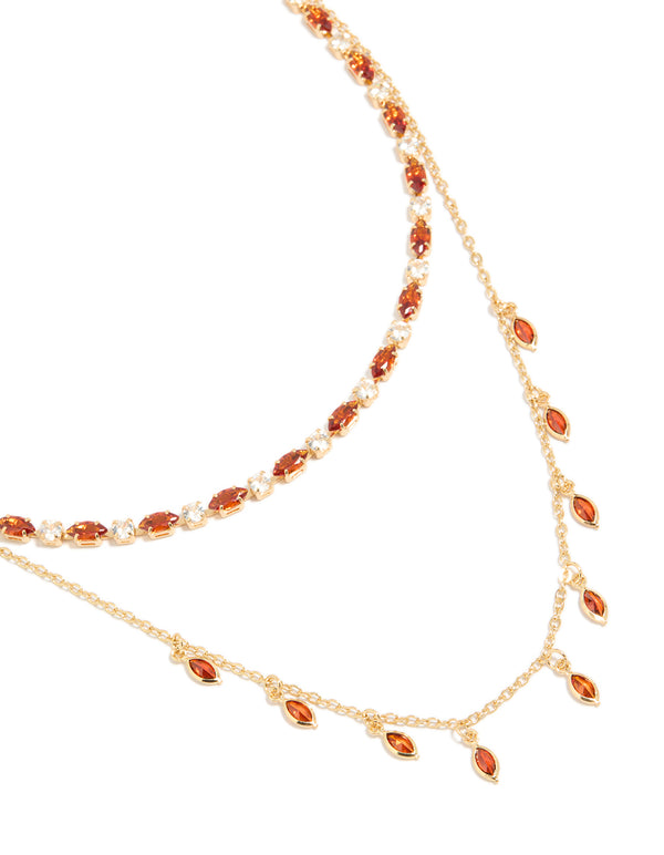 Gold Plated Red Cubic Zirconia Tennis & Teardrop Charms Layer Necklace