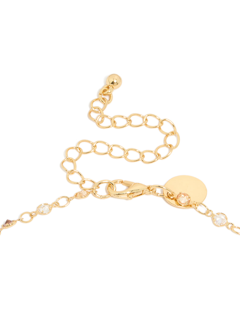 Crafted with gold plated multicoloured cubic zirconia circle detailed charms Y-necklace featuring dainty pendant clasp detail view