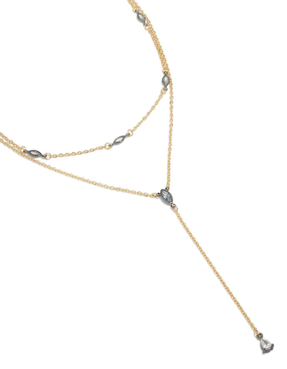 Showcasing a mixed metal teardrop diamante drop Y-necklace crafted from plated material in statement style close up view