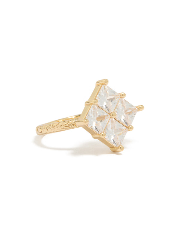 Featuring a gold plated statement ring with cubic zirconia textured square design in clear side detail view