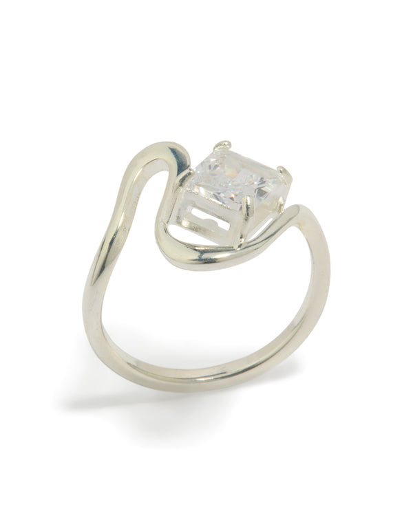 Showcasing a waterproof stainless steel wavy cubic zirconia statement ring crafted from crystal in silver and clear front view