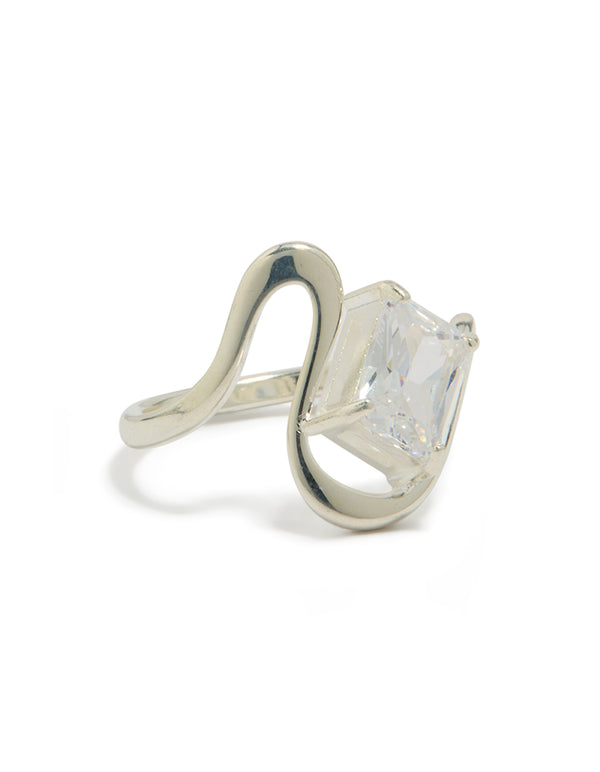 Showcasing a waterproof stainless steel wavy cubic zirconia statement ring crafted from crystal in silver and clear front view