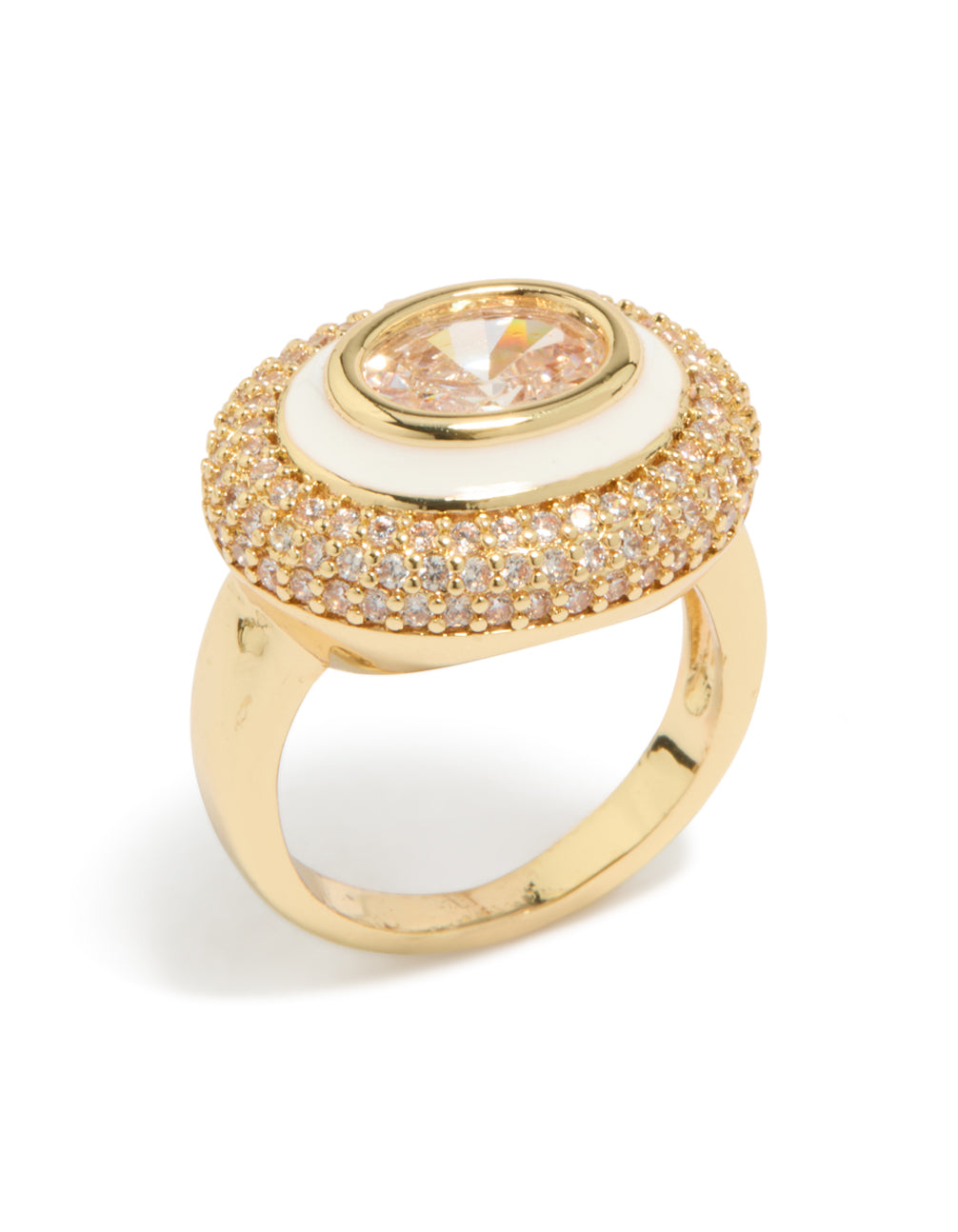 Showcasing gold plated pave cubic zirconia white enamel statement ring side detail view