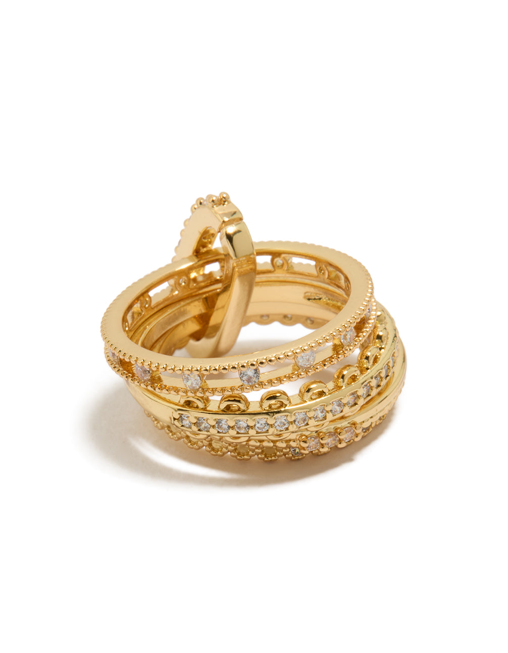 Showcasing a gold plated cubic zirconia interlinked stacked ring with crystal embellishments and statement design front view