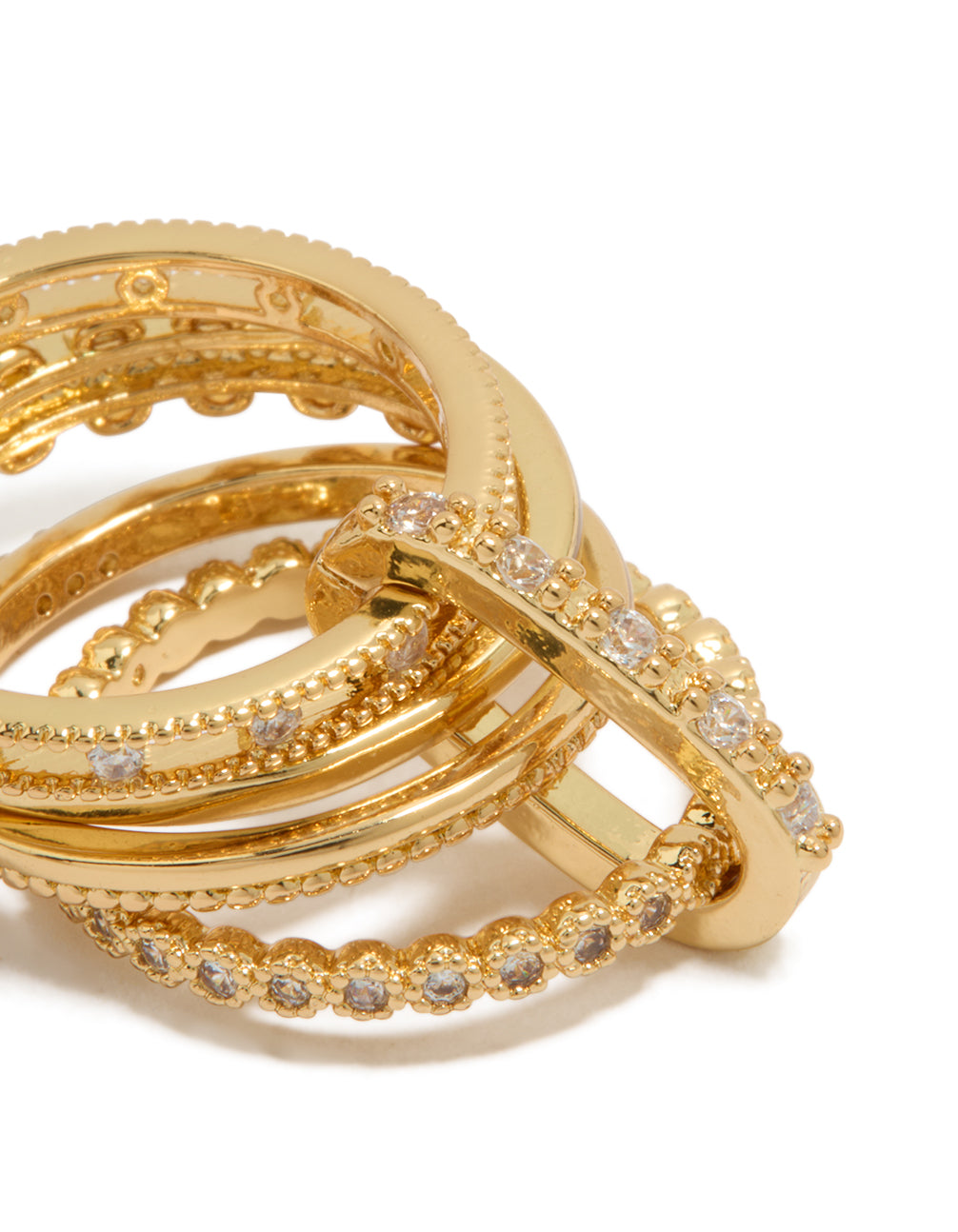 Presenting a gold plated cubic zirconia interlinked stacked ring featuring crystal details in statement style close up view