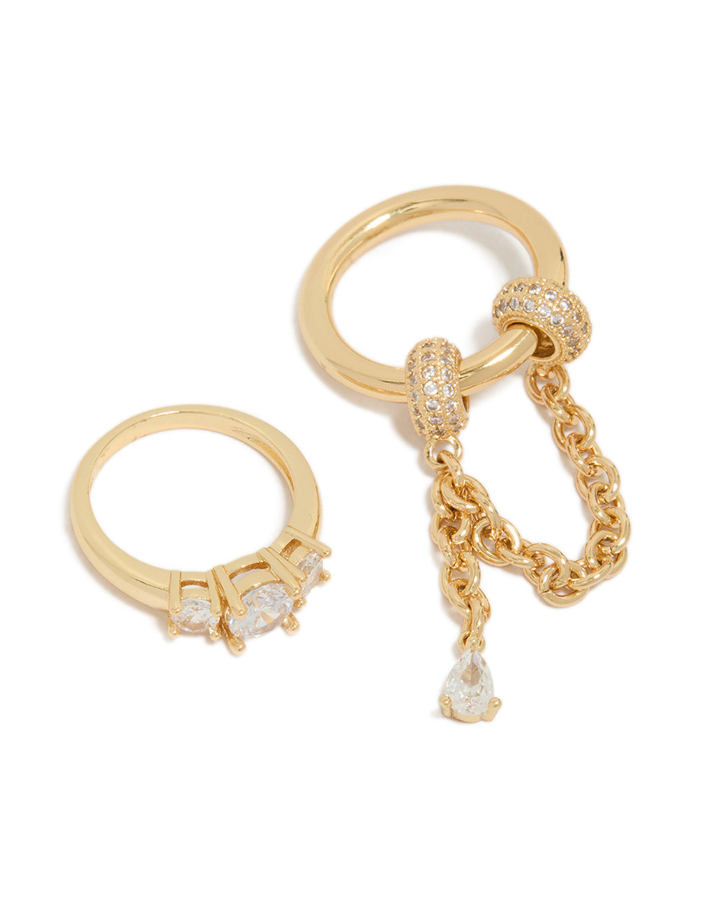 Featuring charm with crystal cubic zirconia in gold plated finish, dainty 2-pack spinner rings front view