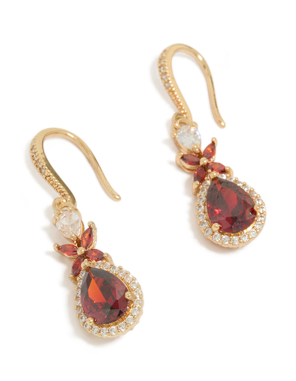 Gold Red Cubic Zirconia Drop Earrings