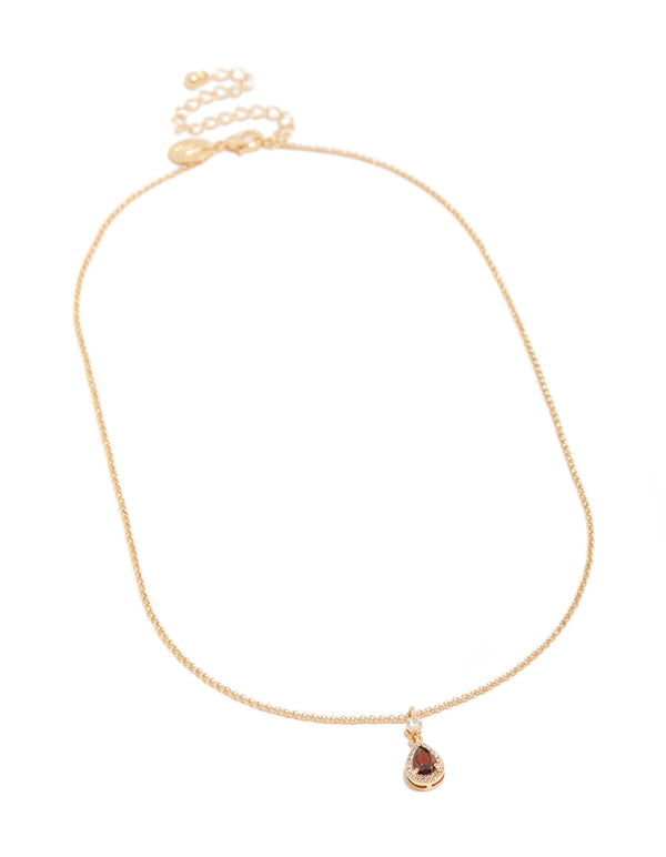 Gold Red Pear Cubic Zirconia Pendant Necklace