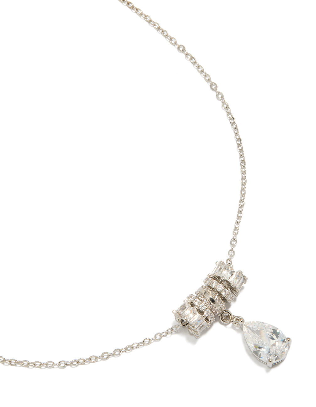 Exquisite silver cubic zirconia pear rondelle necklace featuring charm pendant with crystal accents close up view