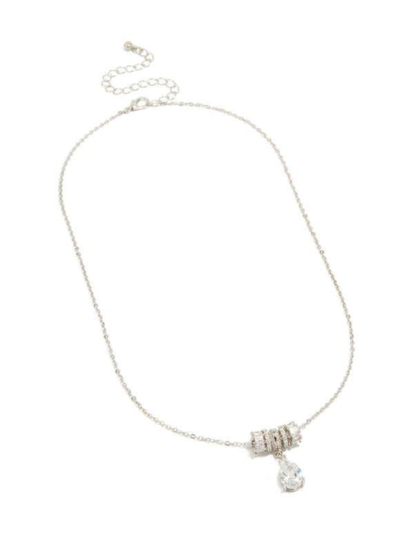 Crafted from silver with cubic zirconia pear stone cut, this crystal pendant necklace in clear front view