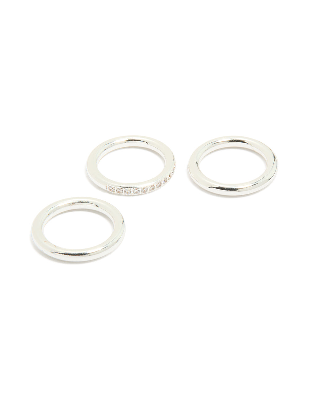 Showcasing statement waterproof stainless steel band stacking rings in a 3-pack with silver color front view
