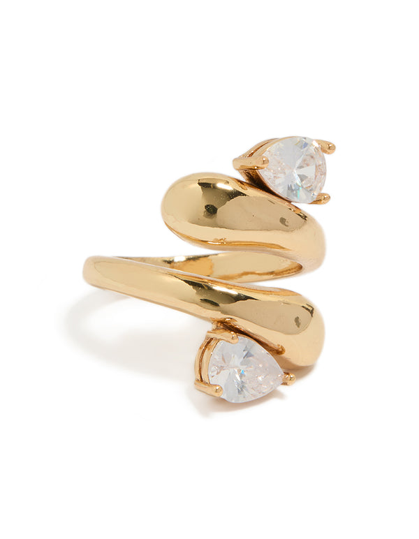 Featuring a gold plated chunky wrap ring with cubic zirconia stones front view