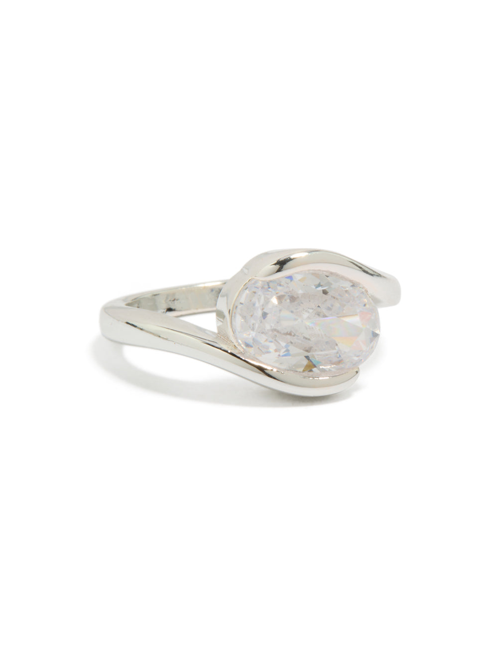 Showcasing a silver plated swivel ring with large round cubic zirconia in a statement style side detail view