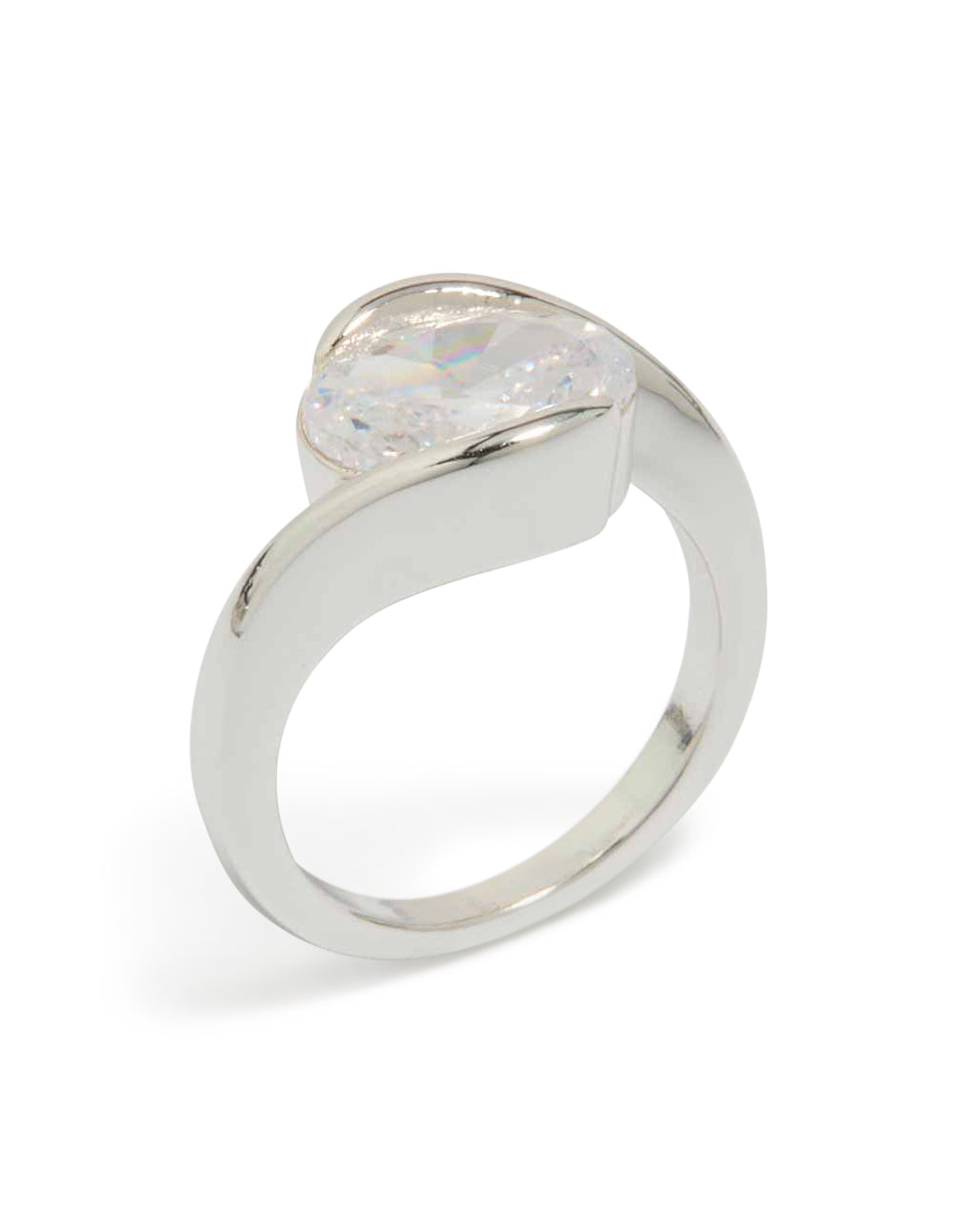 Designed with a silver plated swivel ring featuring large round cubic zirconia in a statement style front view