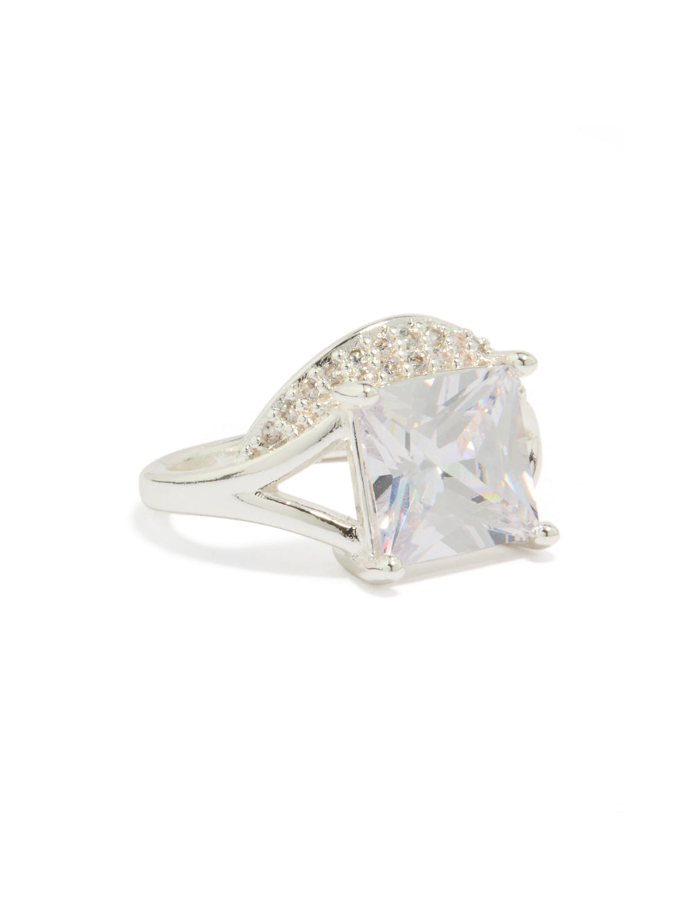 Showcasing a statement ring with square pavé set cubic zirconia in clear side detail view
