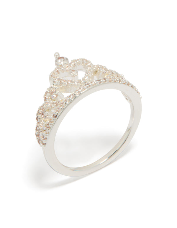 Featuring a silver plated cubic zirconia princess heart ring with statement design side detail view