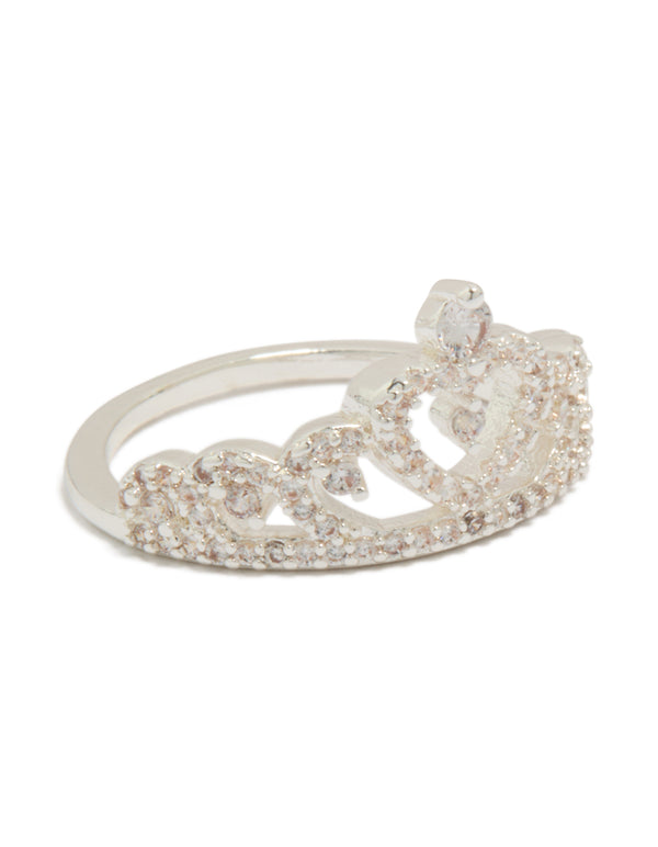 Showcasing a silver plated cubic zirconia princess heart ring with statement design front view