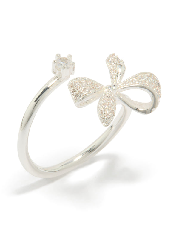 Designed with silver plated cubic zirconia dainty wrap bow ring in clear side detail view