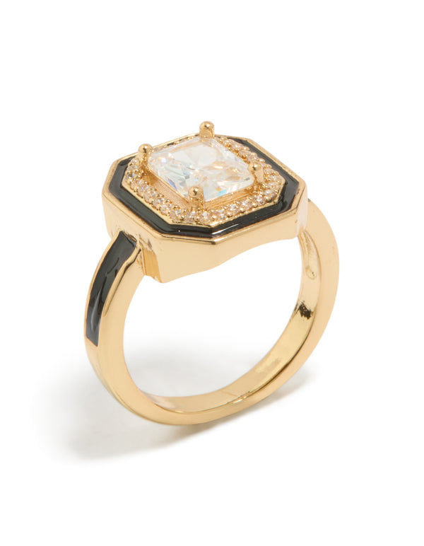 Featuring a gold plated black enamel outline cushion cut cubic zirconia ring with crystal accents and statement design side detail view