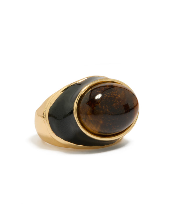 Showcasing a gold plated chunky statement ring with brown stone and black enamel front view