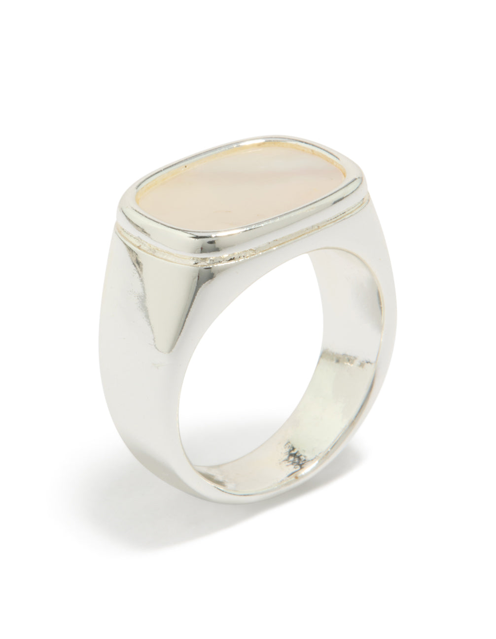 Featuring waterproof stainless steel with shell, this square statement signet ring in silver and clear side detail view
