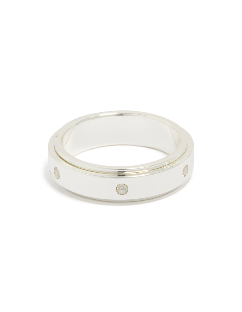 Crafted from waterproof cubic zirconia stainless steel spinner ring in silver with clear accents front view
