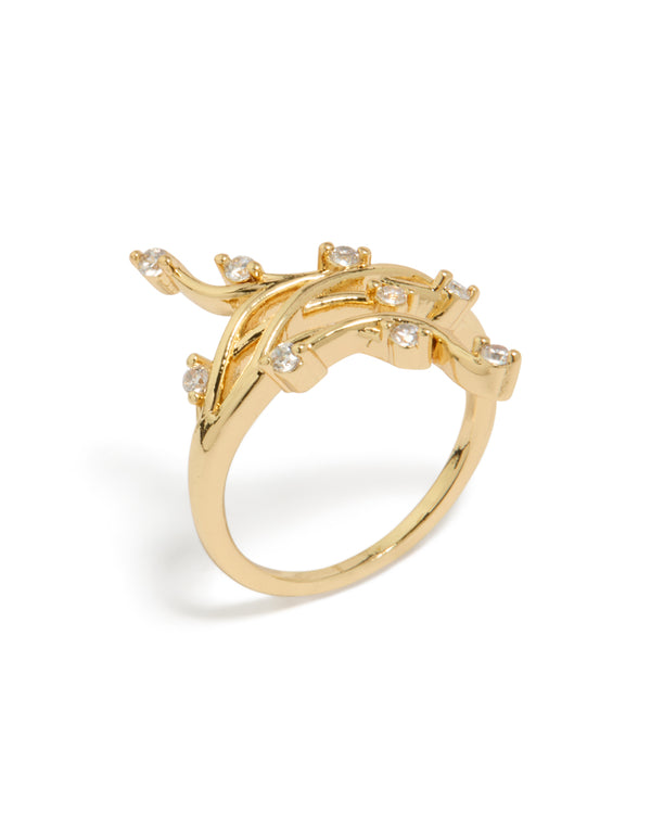 Elegant gold plated cubic zirconia statement floral vine ring in clear side detail view
