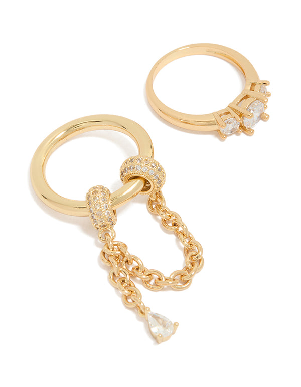 Gold Plated Cubic Zirconia Pave & Chain Spinner Rings 2-Pack