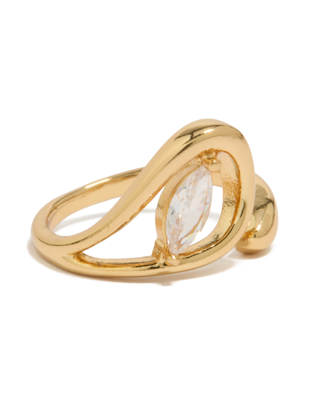 Showcasing a gold plated cubic zirconia abstract wrap ring with statement styling side detail view