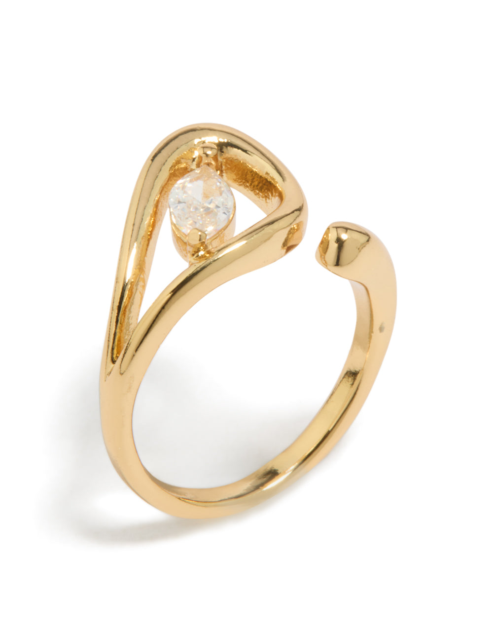 Designed with gold plated cubic zirconia abstract wrap ring featuring statement styling front view