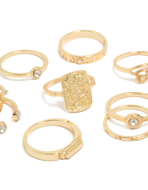 Gold Roman Numeral & Diamante Rings 9-Pack