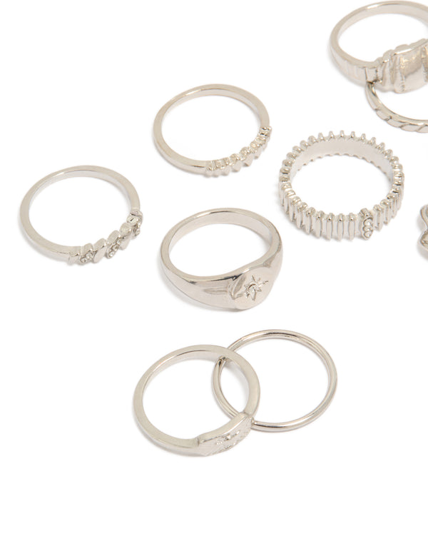 Silver Signet & Ribbed Rings 10-Pack