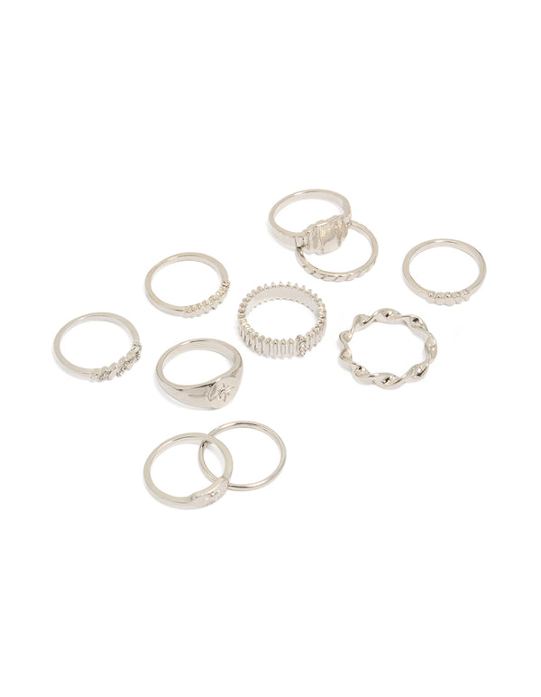 Silver Signet & Ribbed Rings 10-Pack
