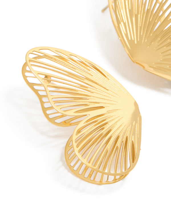 Showcasing waterproof laser cut butterfly stud earrings in stainless steel with animal details and gold plated finish close up view