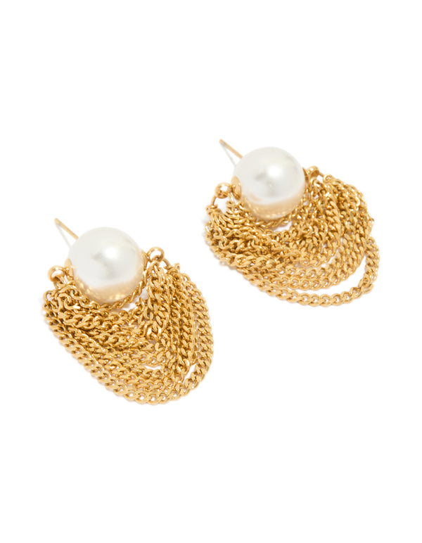 Discover pearl waterproof gold plated stainless steel chain stud earrings front view