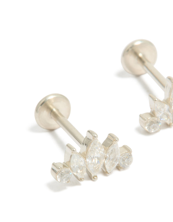 Discover waterproof stainless steel cubic zirconia marquise fan flat back stud earrings with silver plated finish close up view
