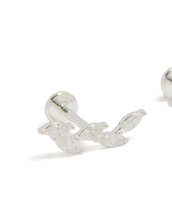 Elegant crawler style studs featuring marquise cut cubic zirconia stones, crafted from waterproof stainless steel in silver with flat back closure close up view