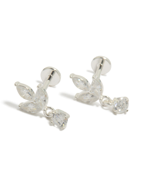 Dainty waterproof stainless steel flower cubic zirconia flat back earrings featuring floral details in silver and clear front view