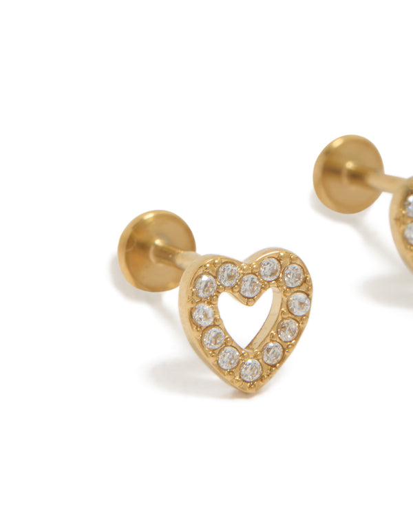 Featuring waterproof gold plated stainless steel open heart studs with cubic zirconia and flat back closure close up view