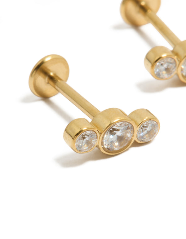 Explore waterproof gold plated stainless steel graduating bezel cubic zirconia flat back stud earrings close up view