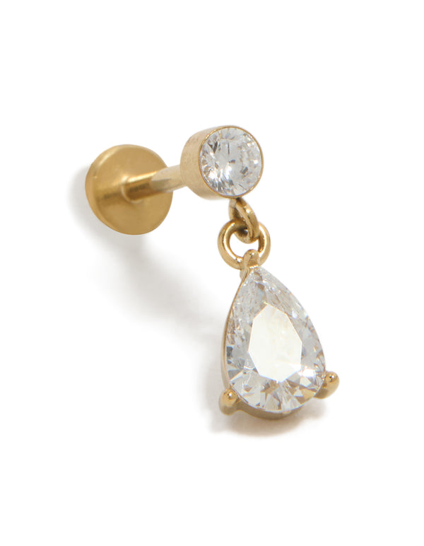 Featuring waterproof gold plated stainless steel cubic zirconia pear flat back studs with post detail view