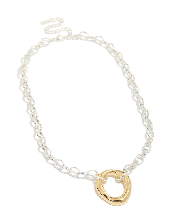 Featuring a waterproof mixed metal plated stainless steel organic round necklace in gold and silver front view