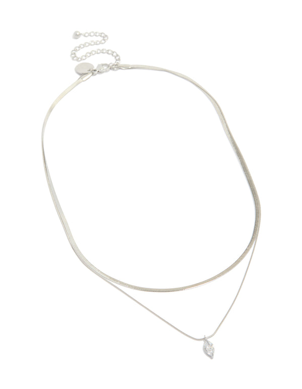 Introducing a waterproof stainless steel marquise cubic zirconia and snake chain necklace in silver featuring crystal front view
